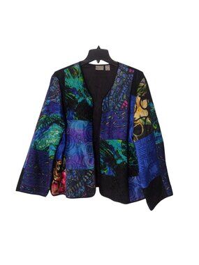 Chicos All Silk Quilted Patchwork Open Blazer Jacket XL 3 Office Colorful Artsy